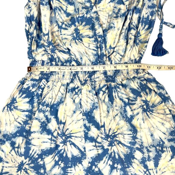 Bebop Romper Sleeveless Tassel Tie Detail Surplice Blue White Print NEW Womens M - Picture 5 of 13